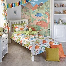 "Riva Paoletti Kids Dinosaur Toddler Duvet Set - 1 x Pillowcase Included - White and Green - Reversible Design - Machine Washable - 120 x 150cm (47"" x 59"" inches) - Designed in the UK"