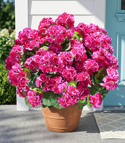 Fake Geraniums Artificial Flowers for Outdoors Outside, 6 Bundles Fuchsia Silk Geraniums Fake Flowers Plants Realistic UV Resistant Faux Flowers for Outdoor Planters Garden Balcony Yard Porch Indoor