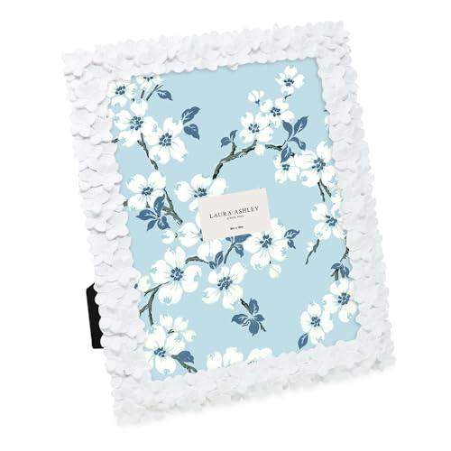 Laura Ashley 8x10 White Flower Textured Hand-Crafted Resin Picture Frame w/Easel & Hook for Tabletop & Wall Display, Decorative Floral Design Home Décor, Photo Gallery, Art (8x10, White)