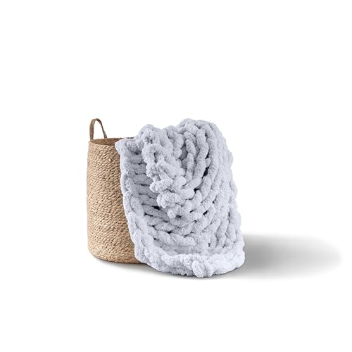 "Adyrescia Chunky Knit Blanket Throw - 100% Hand Knit with Jumbo Chenille Yarn (40""x50"", Light Gray)"