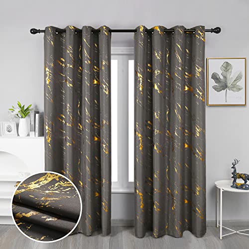 "Taisier Home Gold Foil Print Linen Textured Curtains - Geometric Marble Pattern Design for Living Room - Light Filtering Window Treatment, 2 Panels, 84"" L, Dark Grey and Gold"