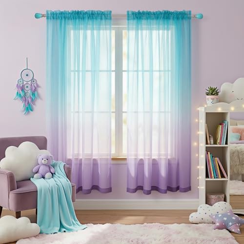 KOUFALL Faux Linen Two-Tone Rainbow Curtains 52x63 Green/Purple