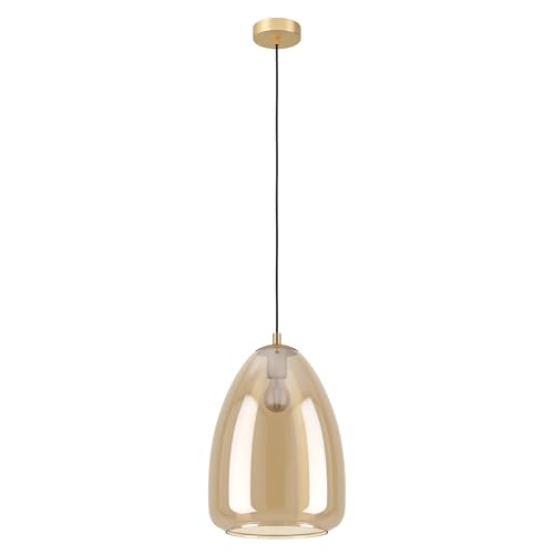 Eglo Pendant Lighting Alobrase, Ceiling Light Fitting, Hanging lamp for Dining Room Made of Brushed Brass Metal and Glass in Amber Colour, E27 Socket, Ø 11.8“