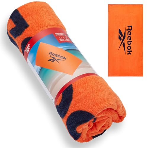 Reebok Positano Beach Towel - Cotton Beach Towel with Velour Facing - Large Beach Towel for Adults -Quick-Dry & Soft - For Pool, Sun Lounger & Holiday Essentials - 70 x 140cm - Arena Orange