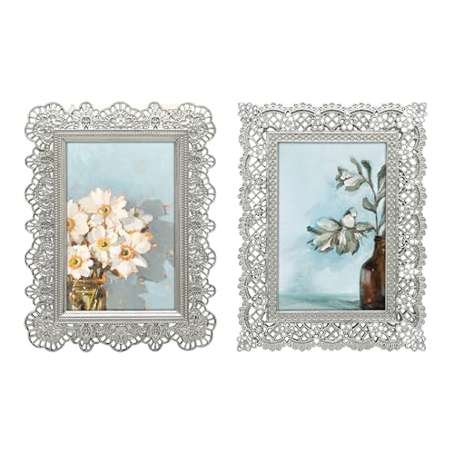 GIFTY GIFTY Lace Mini Frame Set/Set of 2 / 2x3 In - For Tabletop Display - Perfect for Home Decor, Wedding, Graduation, Or Milestone Photos (Silver)
