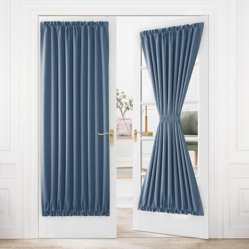 DWCN French Door Curtains ??? Rod Pocket Thermal Blackout Curtain for Doors with Glass Window, Kitchen and Patio Doors for Privacy, 54 X 80 Inches Long, 1 Curtain Panel with Tieback, Dusty Blue