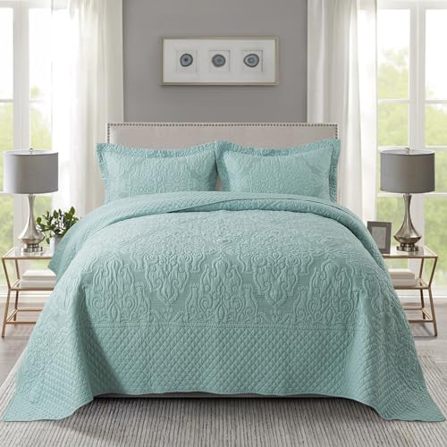 NEWLAKE Quilt Bedspread Set, Light Green Jacquard Embossed Floral Pattern Reversible Embroidered Microfiber Coverlet Sets, Queen Size