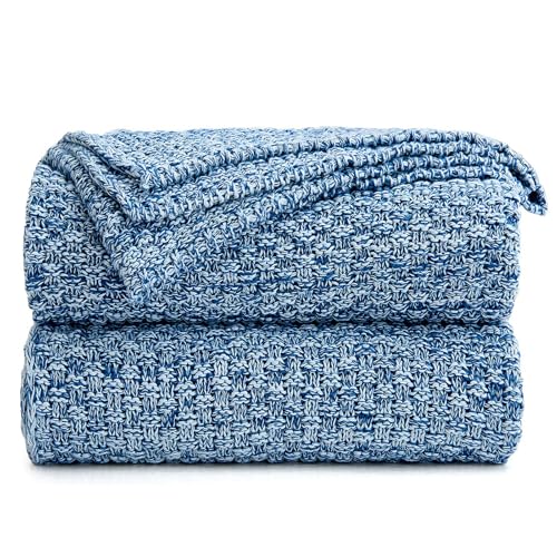 Longhui bedding Blue Knitted Throw Blanket for Couch - Soft, Cozy Machine Washable 100% Cotton Sofa Knit Blankets, 60 x 80 Inches Oversized, Blue and White Color, Laundry Bag Included