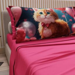 PETTI Artigiani Italiani - Animal Bed Linen with Cats in Cotton with Pillowcases in Digital Print, Single Bed Sheet, Single Bed Set, Fuchsia, 100% Made in Italy