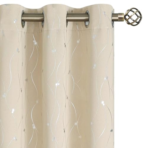 BGment Blackout Curtains 63 Inch Length 2 Panels Set, Grommet Thermal Insulated Blackout Curtains with Wave Line and Dots Printed for Bedroom, 2 Panels, Each 42 x 63 Inch, Champagne