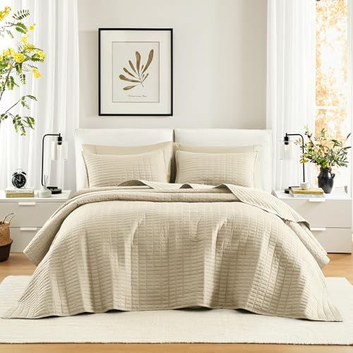 "Comfort Spaces Kienna Quilt Set-Luxury Double Sided Stitching Design, All Season, Lightweight, Coverlet Bedspread Bedding, Matching Shams, Oversized King(120""x118""), Ivory 3 Piece"