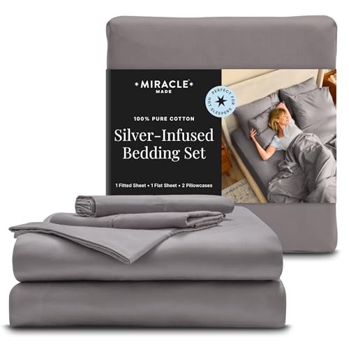 Miracle Made Cotton Bed Sheet - Stone, Queen - 4 Piece Silver Infused, 300-Thread-Count Thermoregulating Miracle Clean & Cool Sheet Set