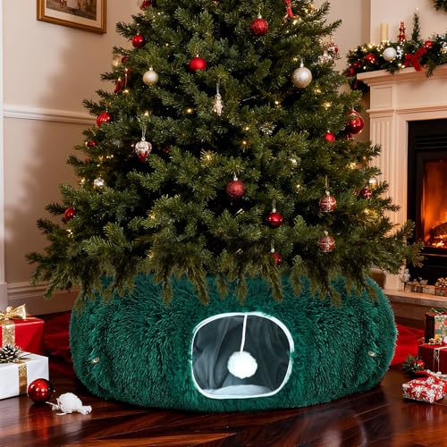 "SilTriangle Cat Tunnel Christmas Tree Skirt Large Soft Plush Tunnel Bed Under Christmas Tree for Indoor Cats 36"" Circle Donut Tube Bed with Central Mat for Cat Puppy Rabbit Kitten Xmas Gifts (Green)"