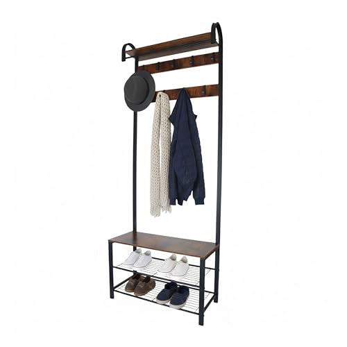 Relaxdays coat stand, shoe bench with 2 shelves, 9 hooks, hat shelf, HWD 182 x 69 x 30 cm, black/brown