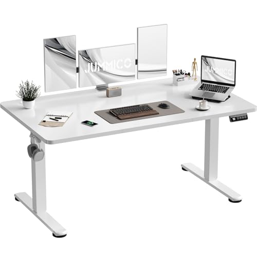 JUMMICO Electric Standing Desk 140 x 60 cm Home Office Height Adjustable Desk, Computer Lift Table with Smart Panel, Sit Stand Desk with Height Memory, White