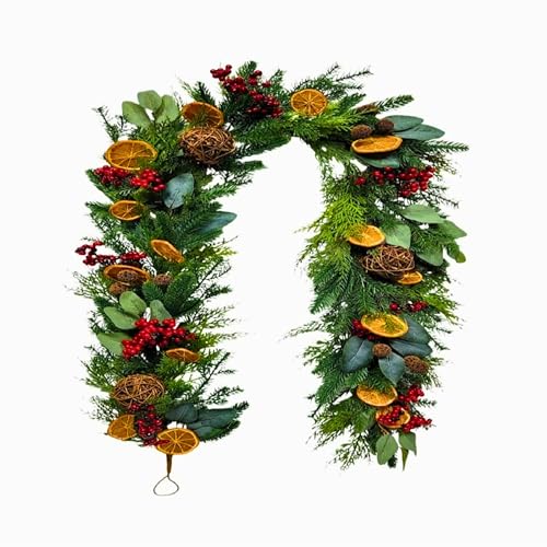 6ft/1.8m Christmas Garland Decoration for Door Staircase Mantel Table with Artificial Foliage Orange Slices, Berries, Eucalyptus Rattan Balls Xmas Holiday Ornaments