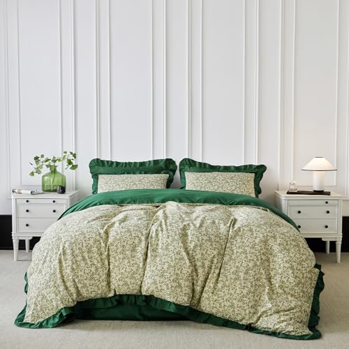 YuHeGuoJi Sage Floral Duvet Cover Queen 100% Cotton 3 Pcs Set 1 Garden Green Ruffle Duvet Cover with Zipper Ties 2 Pillow Shams Farmhouse Emerald Green Botanical Flower Bedding Set Soft