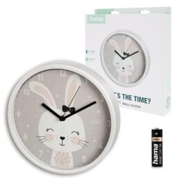 Hama Kids Wall Clock (Silent, Bunny Design, Analog Quartz Clock, 25cm, No Ticking Sound, for Children's Room, with Hour, Minute and Second Hands, Battery Included)