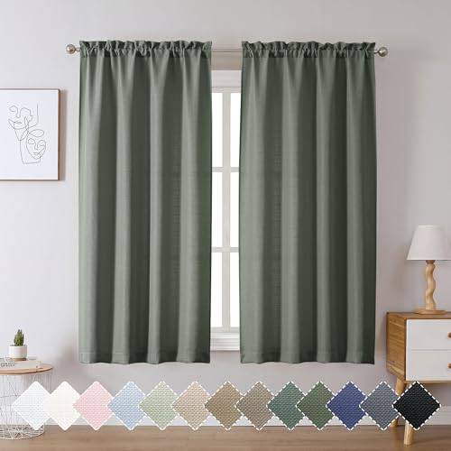 "Chyhomenyc Bennet Olive Green Curtains 45 Inch Length 2 Panels, Faux Linen Textured Semi Sheer Light Filtering Soft Airy Rod Pocket Window Treatment Drapes for Living Room Bedroom, Each 30"" Wx45 L"