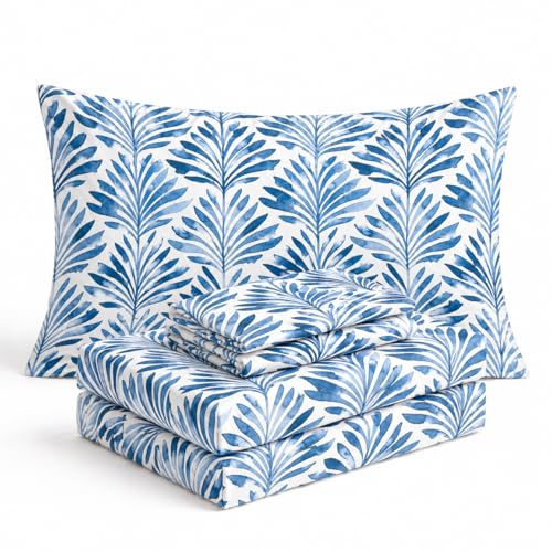 Where The Polka Dots Roam Blue Indigo Palms Floral Bedsheet Full Size, Super Soft Wrinkle Resistant Tropical Leaves Pattern Bedding Set, Vibrant Solid Print All-Season Bed Sheets for Girls, Teens