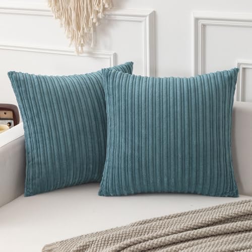 Kevin Textile Soft Corduroy Throw Pillow Covers Pack of 2 Plush Striped Decorative Square Large Euro Cushion Covers Pillowcases Accent Boho Home Decor for Couch Sofa Bed Chair 24x24 Inch, Blue Grey