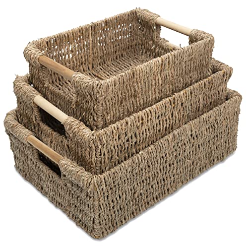 VATIMA Wicker Baskets for Storage Organizing, Seagrass Storage Baskets Rectangular Wicker Basket with Handles, Natural Wicker Storage Basket Bins - Set of Wicker Baskets for Shelves
