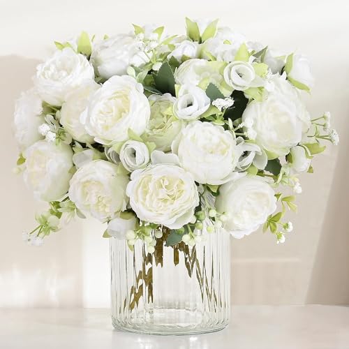 MARTINE MALL 4 Packs Peonies Artificial Flowers, White Artificial Peonies, Silk Peonies Flowers Fake Peonies Artificial Flowers Peonies Bouquet for Centerpiece Table Wedding Party Home Decor