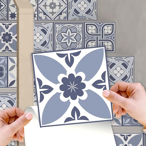 "WALPLUS 120 Pcs 15cm(6"") Tile Stickers Peel and Stick Backsplash Self-Adhesive Removeable Stick on Wall Vinyl Home Decoration DIY for Living Kitchen Bedroom Splashbacks - Lisbon Blue"