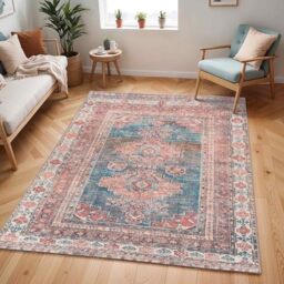 Livabliss Athena Faraoun Machine Washable Floor Covering 160x220 cm – Vintage Boho Pattern for Living Room, Dining & Kitchen, Easy Care, Coral, Blue, Brown & Cream