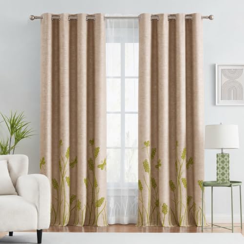 "Melodieux Wheat Embroidery Linen Textured Curtains for Living Room Bedroom, Room Darkening Farmhouse Floral Patterned Grommet Window Drapes, Green Wheat/Beige, 52"" W x 63"" L, 2 Panels"