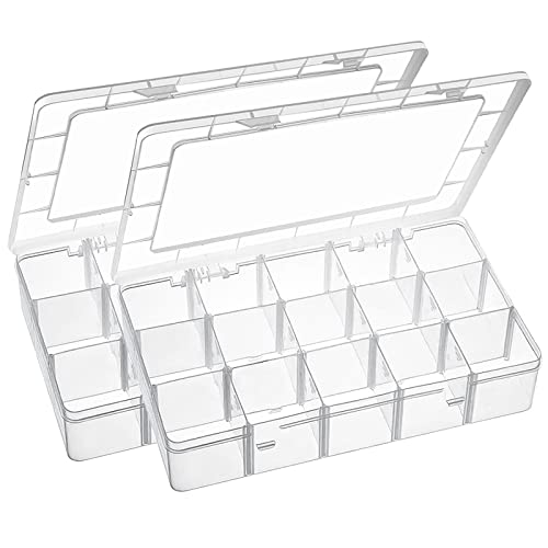 Exptolii 15 Large Grids Plastic Organizer Box with Dividers, 2 Pack Clear Compartment Container Storage for Washi Tapes Beads Crafts Jewelry Fishing Tackles, Size 11 x 6.3 x 2.2 in