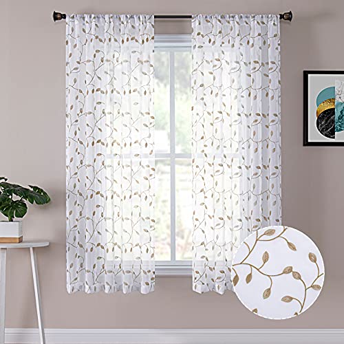 Tollpiz Leaves Short Sheer Curtains Taupe Leaf Embroidery Bedroom Curtain Rod Pocket Voile Faux Linen Embroidered Leaves Curtains for Living Room, 54 x 45 inches Long, Set of 2 Panels