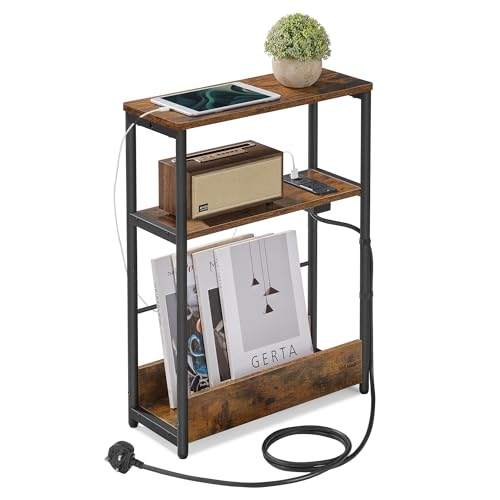 VASAGLE 3-Tier Slim Side Table with Charging Station - Narrow Bedside Table, End Table for Small Spaces, Magazine Rack, Rustic Brown and Matte Black, BARNET Collection LET335K03