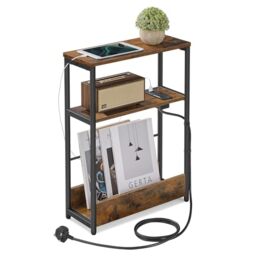 VASAGLE 3-Tier Slim Side Table with Charging Station - Narrow Bedside Table, End Table for Small Spaces, Magazine Rack, Rustic Brown and Matte Black, BARNET Collection LET335K03