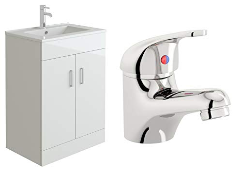 VeeBath Sphinx 600 Vanity Unit with Basin and Mono Mixer Tap, Floor Standing Cabinet Rectangular Ceramic Wash Basin for Bathroom Furniture with 2 Doors- Gloss White (Flat Pack)