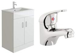 VeeBath Sphinx 600 Vanity Unit with Basin and Mono Mixer Tap, Floor Standing Cabinet Rectangular Ceramic Wash Basin for Bathroom Furniture with 2 Doors- Gloss White (Flat Pack)