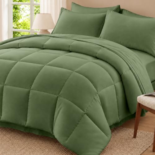 Anluoer Full Size Comforter Sets, 7 Piece Bed in a Bag Full Bedding Sets - Solid Olive Green, Lightweight, All Season,OEKO-TEX Certified,Down Alternative Comforter, Breathable sheets & pillowcases