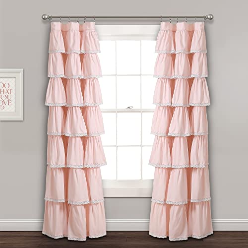 Lush Decor Lace Ruffle Curtain - Shabby Chic Farmhouse Style Window Panel for Living Room, Dining Room, Bedroom (Single), 84” x 52”, Blush