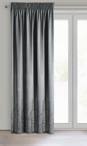Eurofirany MIRELA Velvet Curtain, Velvet Curtain with Ruffle Tape, 1 Piece, Golden Pattern, Blackout, Glamour, Elegant Curtain for Living Room, Bedroom, 140 x 270 cm, Dark Grey