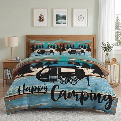 Pamnest Comforter Set Twin Size, Camper Rv Car Soft Bedding Set for Kids and Adults, Camping Vehicle Camp Comforter Set with Pillowcase, for Bedroom Bed Decor