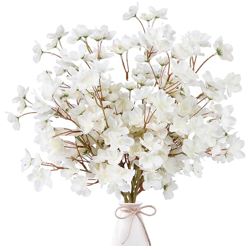 Sggvecsy Artificial Cherry Blossom Flowers 6 Pcs Faux Cherry Blossom Stems Faux Silk Cherry Blossom Branches 15.7?????? Fake Peach Flowers for Vase Arrangements Home Wedding Table Decor (White)