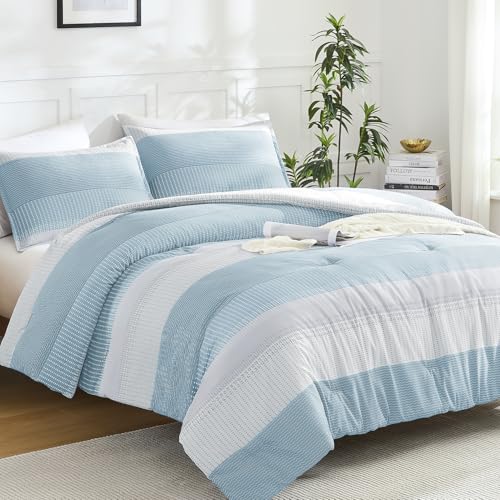 Litanika Full Comforter Set - 3 Pieces Stripe Bedding Comforter Sets - Light Blue Boys Men Fluffy Lightweight Soft Colorblock Down Alternative All Season Bed Set