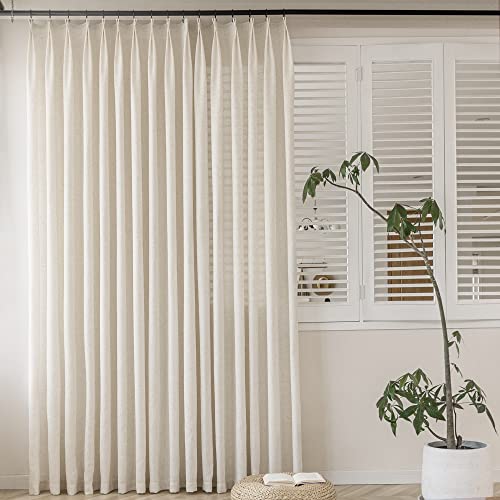 "MAIHER Faux Linen Semi Sheer Pinch Pleated Drapes for Living Room, Light Filtering Pleated Curtain Panels 96 Inches Long with Hooks for Traverse Rod (Linen, 1 Panel, 72"" W x 96"" L)"