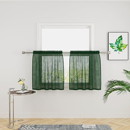UPOPO Green Sheer Tier Curtains 24 inches Long Voile Kitchen Tiers Linen Textured Cafe Curtains Bathroom Basement Short Small Curtain Panels for Door Half Window Curtains 2 Panels Rod Pocket