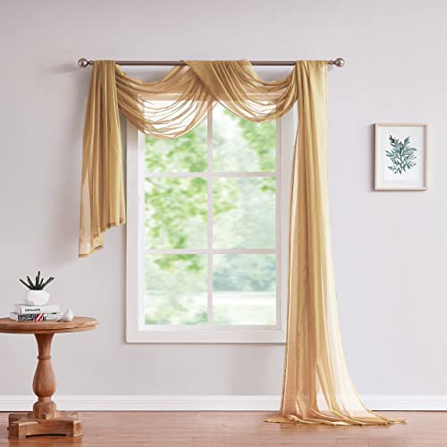 LinenZone Gold Window Scarf in 360 Inch Size. (Amazing 55 x 360, Gold) - Use Window Valance Scarves as Canopy Bed or Backdrop Curtains, Curtain Scarf, Wedding Draping or Sheer Fabric for Draping.