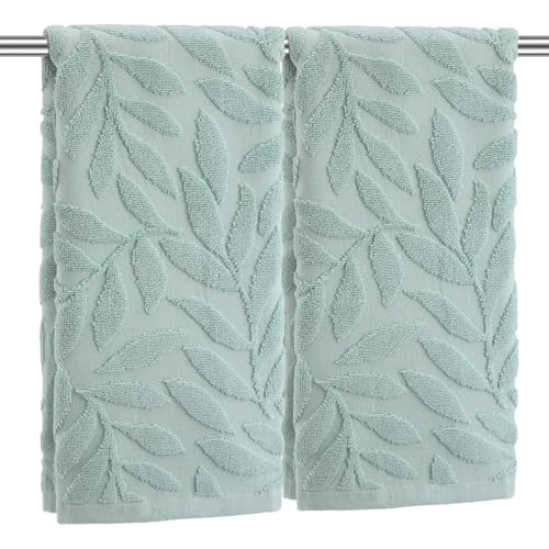 SmoothNovelty 2 Pcs Green Leaves Hand Towels for Bathroom Green Leaves 100% Cotton Jacquard Weave Bath Towel Set Soft Absorbent Dish Washcloth for Bathroom Kitchen Summer Theme Gifts 13.8 x 29.5 Inch