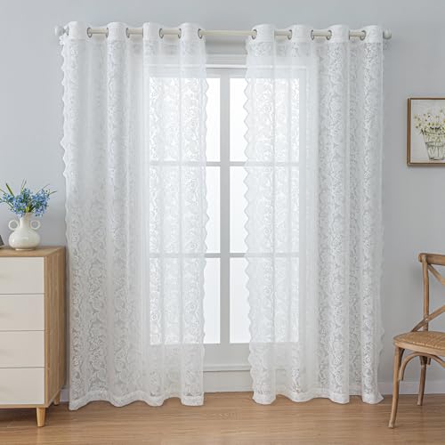 Anytime White Lace Sheer Curtain Panels for Living Room Elegant Window Treatment Sets Light Filtering Translucent Draperies for Office (2 Panels,W55 x L84inch)