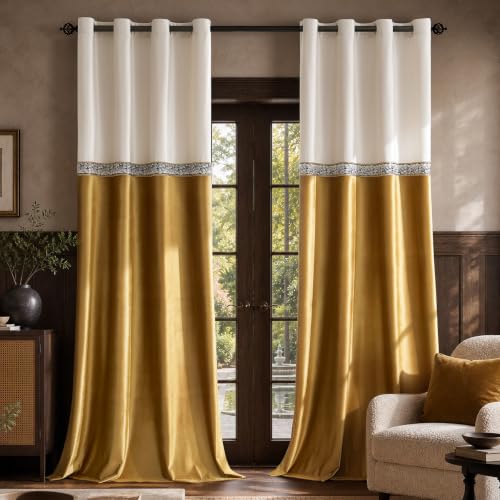 GIGIZAZA Velvet Curtains 96 Inch for Living Room 2 Panels Ivory Gold - Light Blocking Drapes,280gsm Thick Soft Fabric,Luxury Window Treatment Curtain for Bedroom,Modern Decor,Grommet Top