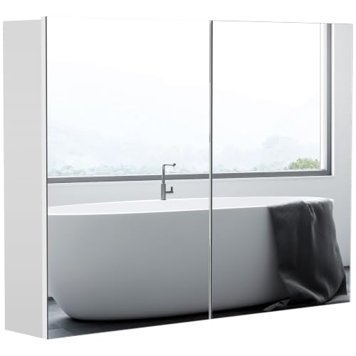 HOMCOM Bathroom Mirror Cabinet Wall Mounted 80cm Wide White