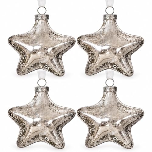 DN DECONATION Christmas Baubles Set Glass Stars Silver - Christmas Tree Decoration Baubles - Glass Christmas Tree Decorations for Christmas Decoration Tree, Winter, Party & Wedding (Pack of 4)
